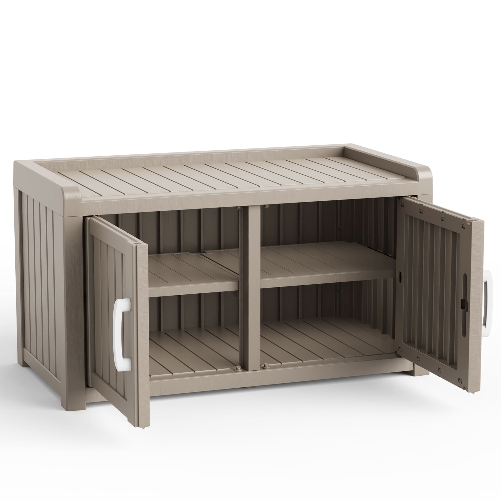 MAYEERTY Two-Door Mini Entry Shoe Storage Cabinet, Weatherproof Shoe Organizer with Removable Layers