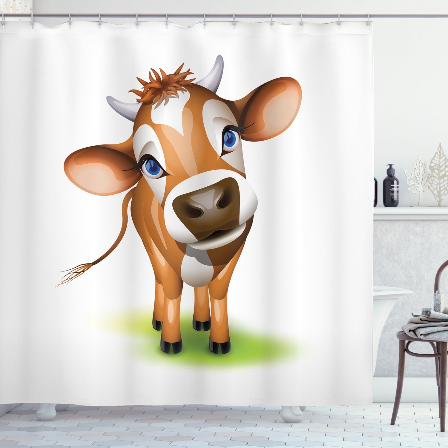 Baby Shower Curtain, Digitally Composed Cow with Beautiful Captivating