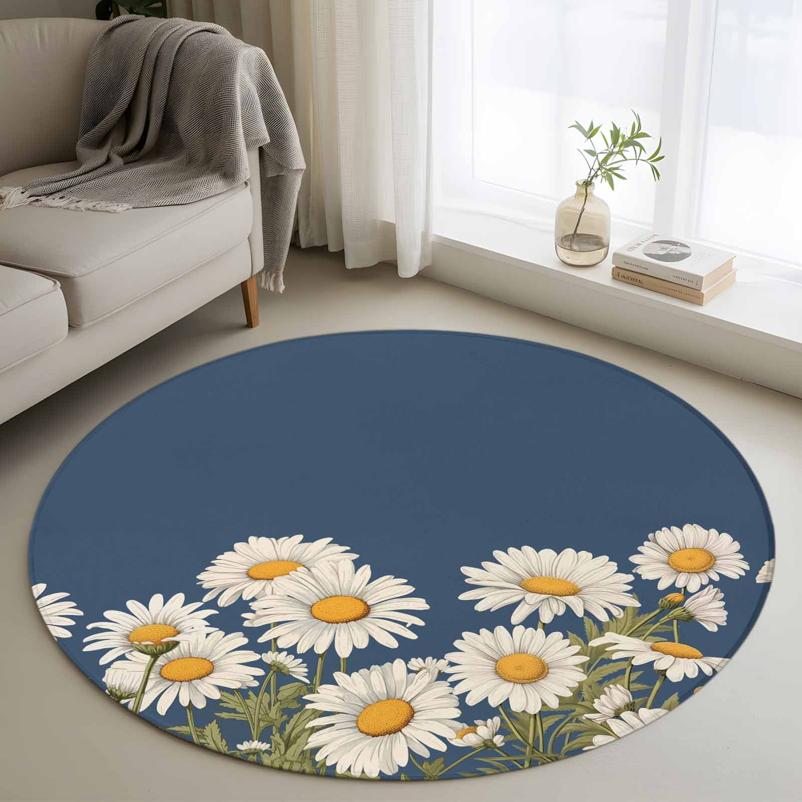 Non-Slip Rug Pad Rugs Spring Daisy Watercolor Flower Round Area Rugs 3Ft Soft Carpet Pads for Living Room Kids Room Blossom Floral Leaves on Blue