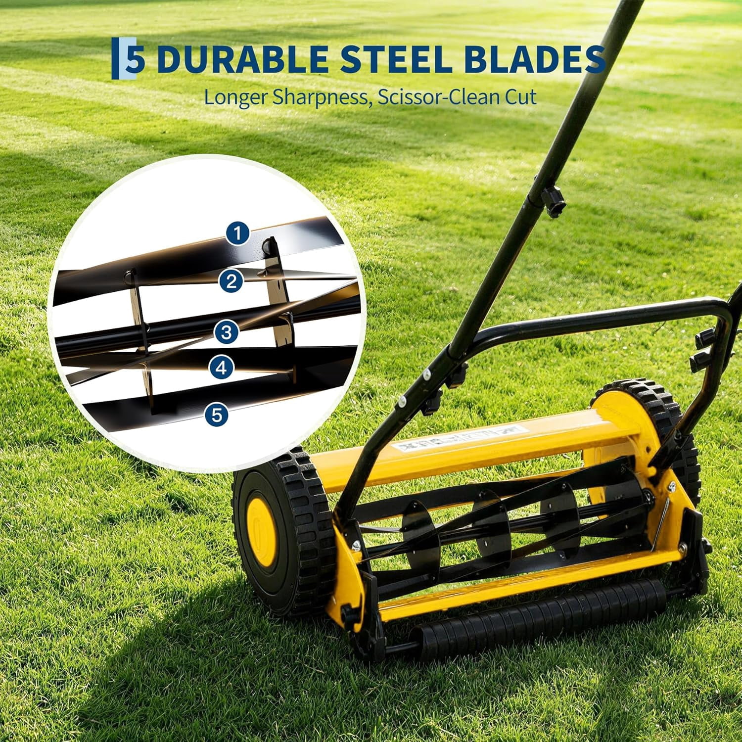 14in Push Reel Lawn Mower 5-Blade Manual Walk-Behind Mower Adjustable Cutting Height Compact Quiet for Small Yards and Easy Lawn Care