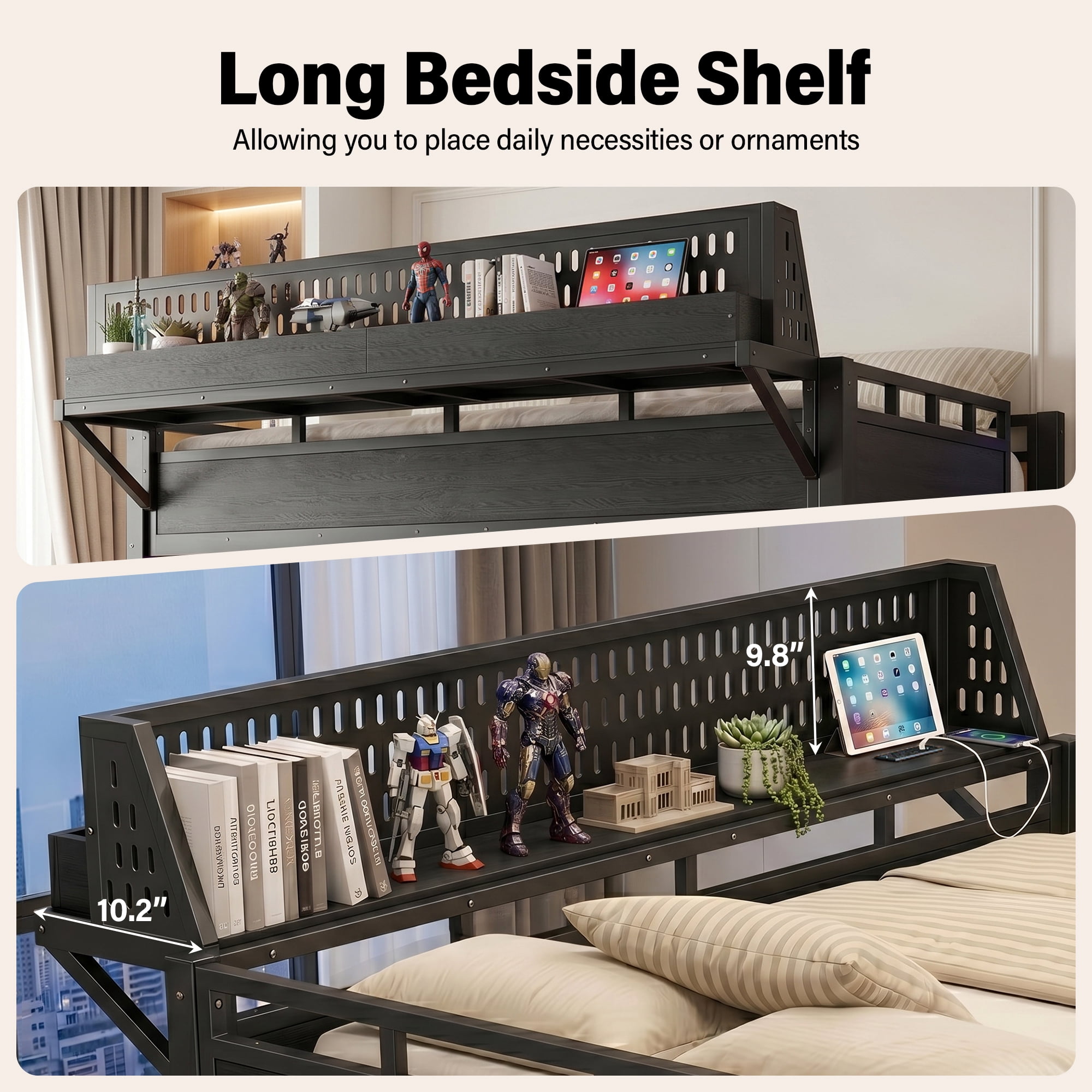 Aukfa Full Size Metal Loft Bed with USB Charging Ports, LED Lights & Bedside Shelves, Space-Saving Bed Frame for Kids & Adults, Black