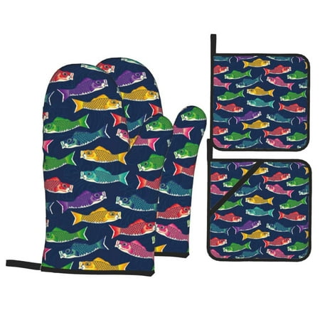 

Oven Mitts and Pot Holders 4 Piece Colorful Carp Streamer 1 High Heat Slip Resistant Oven Mitt and Trivets Set Kitchen Oven Glove Pot Holders for Cooking Baking Grilling