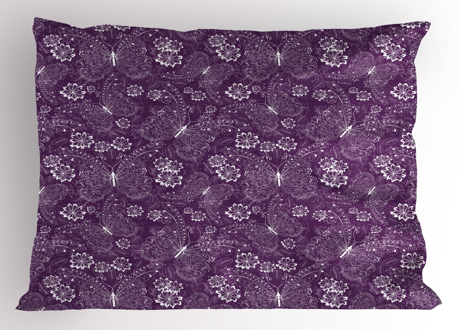 Purple Pillow Sham Floral Pattern with Vintage White Butterflies and