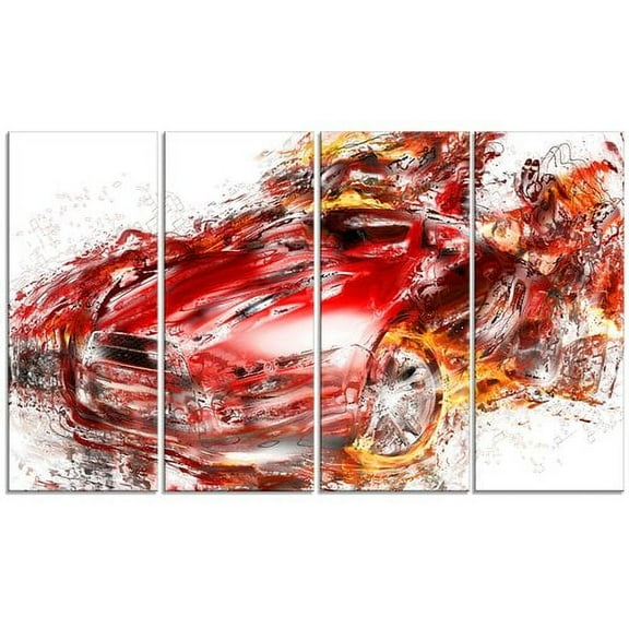 Design Art Flaming Red Sports Car, 4 Panels, 48" x 28"