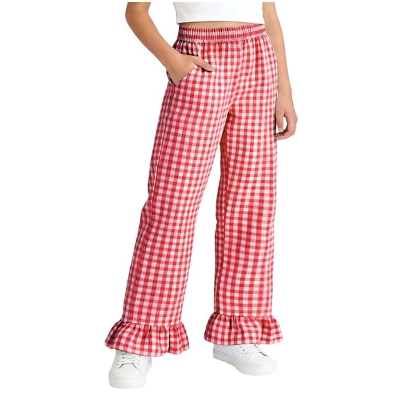 Posijego Girls Ruffled Pants Plaid Print Wide Leg High Waisted Loose Casual Summer Trousers Pants with Pockets 5-15 Years