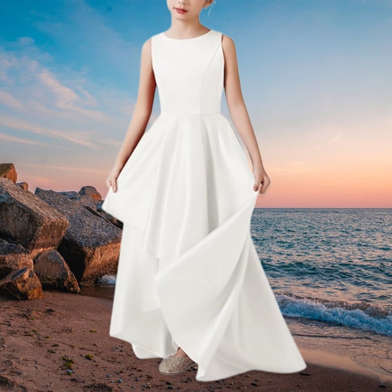 juniors white formal dresses Ximin Girls Satin Dress Round Neck Sleeveless Floor Length Irregular Hem Junior Bridesmaid Wedding Guest Prom Piano Performance Costume (White NOS:fabric-pending