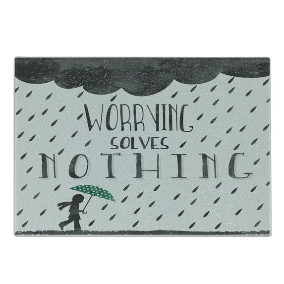 Motivation Cutting Board, Worrying Solves Nothing Man Walking in Stormy Rainy Day, Decorative Tempered Glass Cutting and Serving Board, in 3 Sizes, by Ambesonne