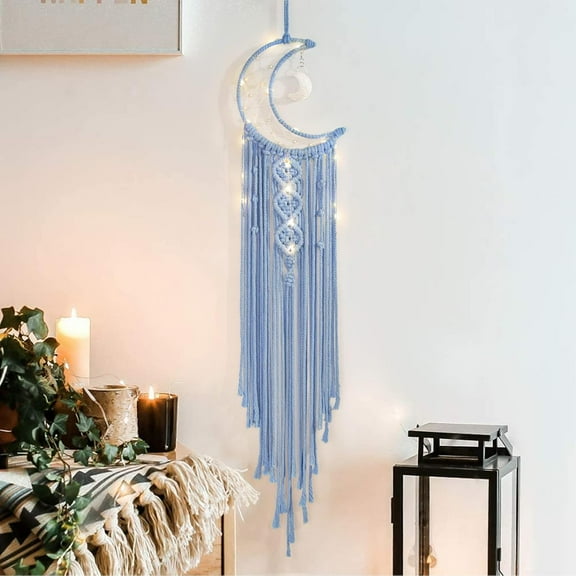 Boho Macrame Woven Wall Hanging, Crochet Crescent Moon Star Dream Catcher with Long Tassel- White Cotton Handmade Bohemian Nursery Decor Decoration Art Craft for Kids Bedroom Dorm Room