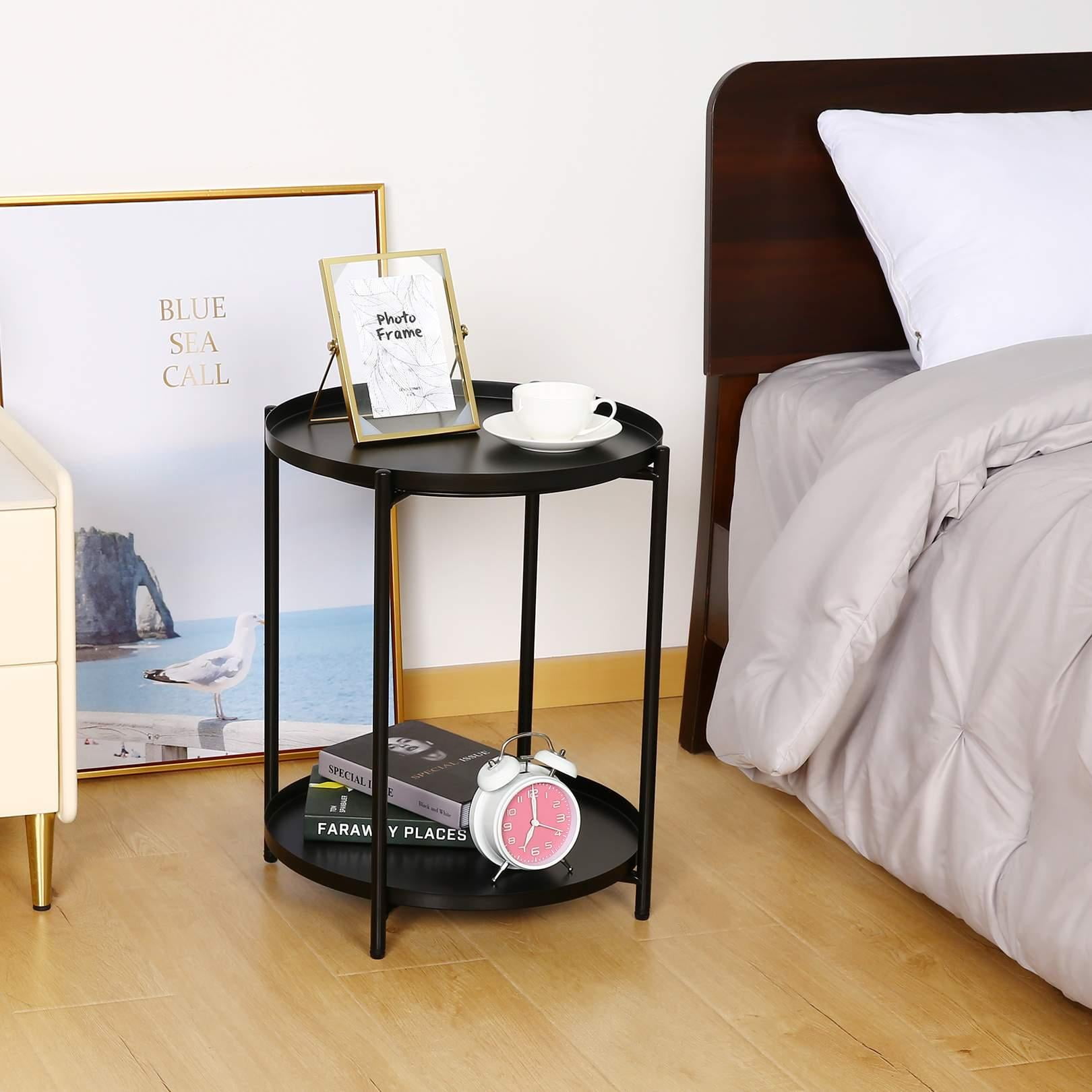 Likein 2 Tiers End Table, Outdoor Side Table Metal Round Side Table