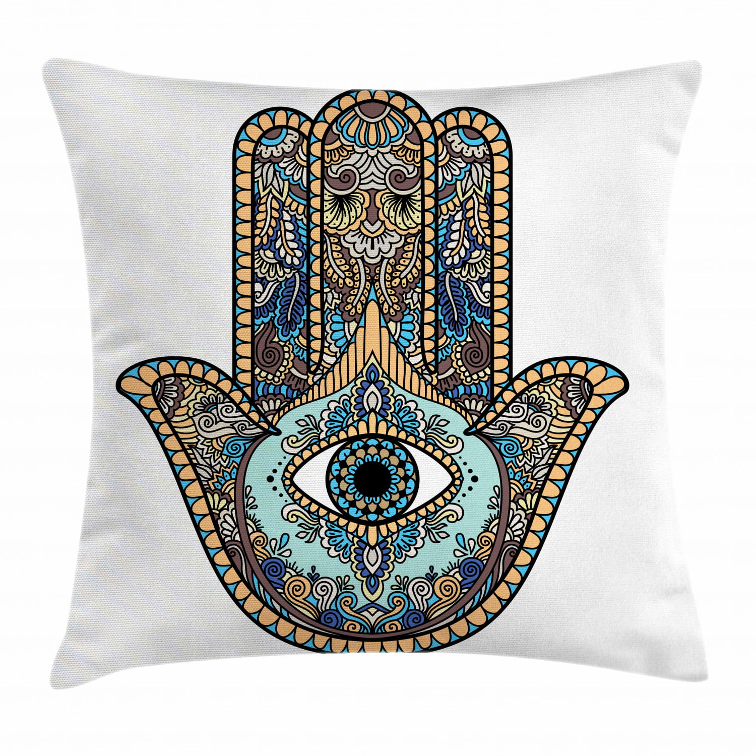 Hamsa Throw Pillow Cushion Cover, Colorful Illustration of Sacred Hand ...