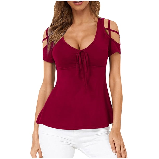 Camiseta de manga corta de Color sólido con hombros descubiertos y tirantes cruzados con lazo y cuello en V para mujer Pompotops hkajfhjk461790