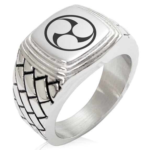 Stainless Steel Ujiie Samurai Crest Geometric Pattern Step-Down Biker Style Polished Ring