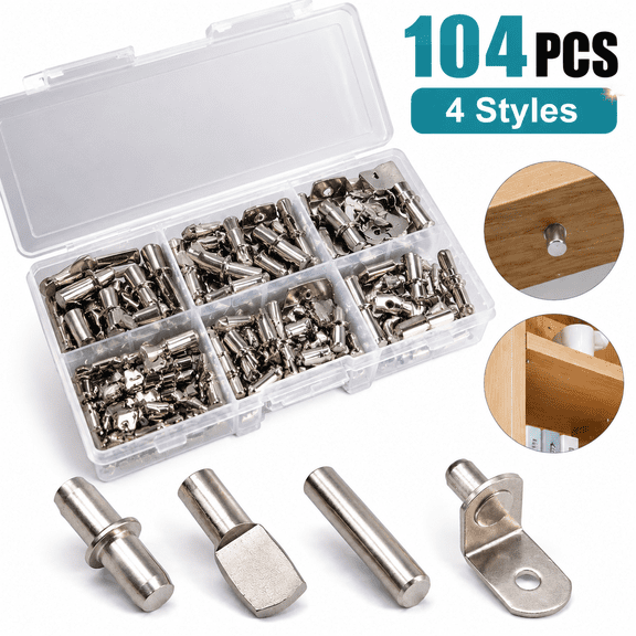 Genreen 104Pcs Shelf Pins Kit, Nickel Plated Shelf Support Pegs for Cabinets & Bookshelves, 4 Styles (5mm & 1/4 Inch) Replacement Hardware for Furniture