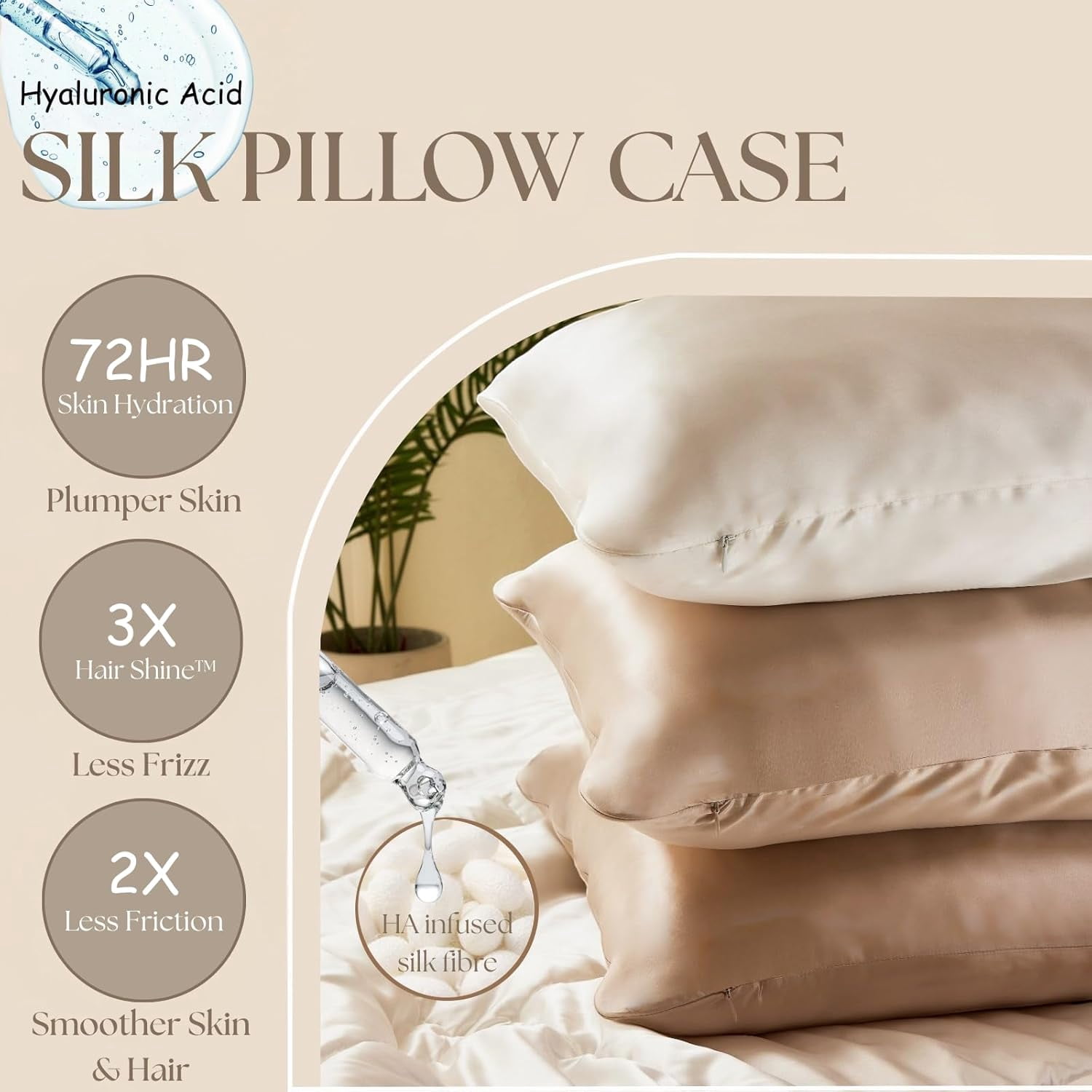 PROMEED Hyaluronic Acid Silk Pillowcase 100% Mulberry, Ultra-Hydrating 23 Momme Silk Pillow Case for Hair and Skin, Grade 6A+, Lock in Moisture Overnight (Champagne, Queen-20 x30)
