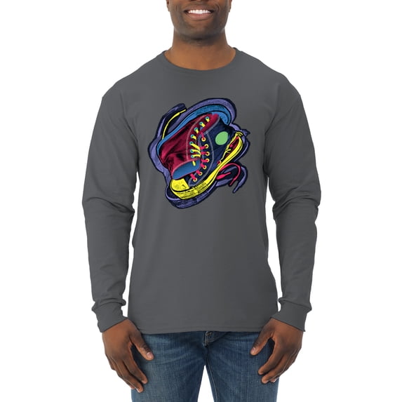 Wild Bobby, Colorful Sneakers Chucks Streetwear Mens Long Sleeve Shirt, Charcoal, 3XL