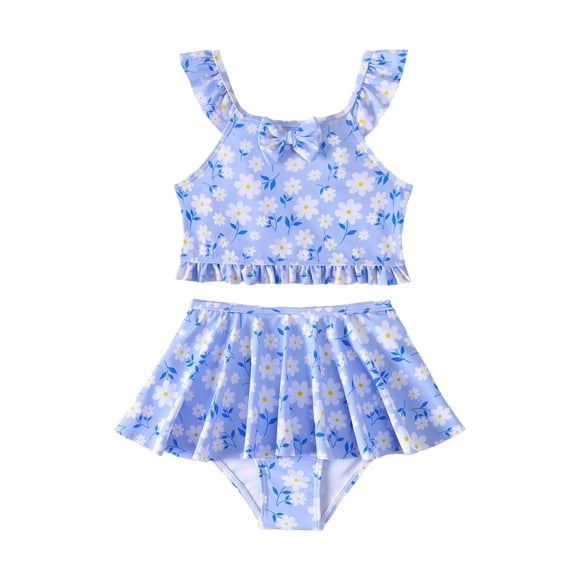 Kucnuzki 4T Toddler Girl Swimsuit Set 5T Child Beach Swim Wear Ruffle Halter Top Skirt Bottoms Floral Bikini Set Bathing Suit 2pcs Tankini Sets Blue