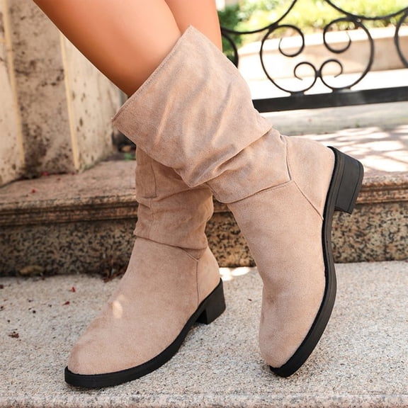 Willtoo Womens Ruched Faux Suede Mid Calf Boots Low Block Heel Relax Fit Pull On Fashion Walking Shoes Soft Matte Fall Winter Daily Street Styling Footwear