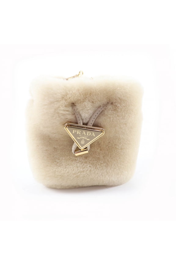 Pre-Owned PRADA 1NR16P Sheepskin Mini Pouch, Ecru Beige, Triangle Logo, Chain Shoulder Bag,...