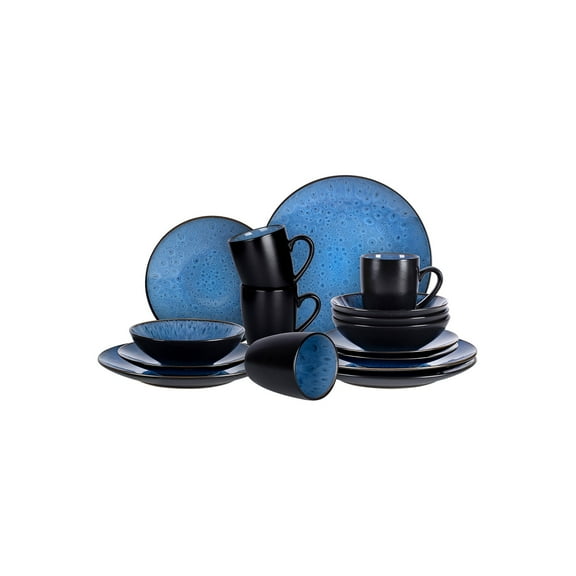 HomeVss 16-Piece plates and bowls sets - Serves 4, Stoneware Dinner Set Reactive Glaze (Capri Blue)