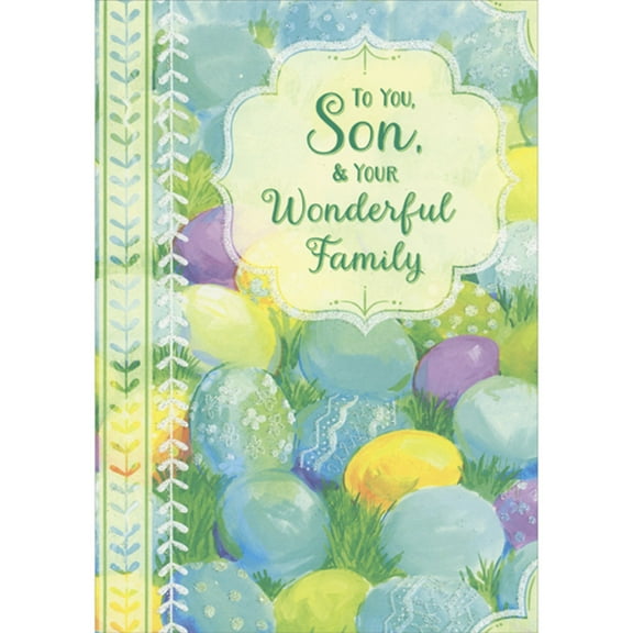 Designer Greetings Pastel Watercolor Eggs in Grass and Sparkling White Vertical Vine Easter Card for Son and Family