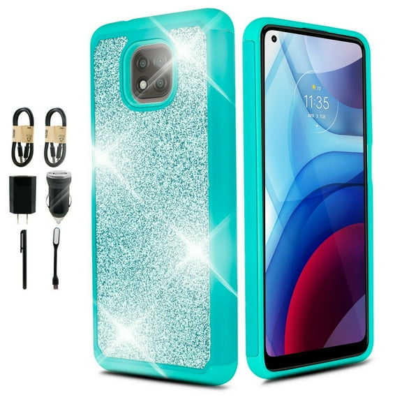 Value Pack   for Motorola Moto G Power 2021 with Temper Glass Glitter Hard Case Hybrid Cell Phone Case Glitter Shock proof Edge Slim Bumper Scratch Cover