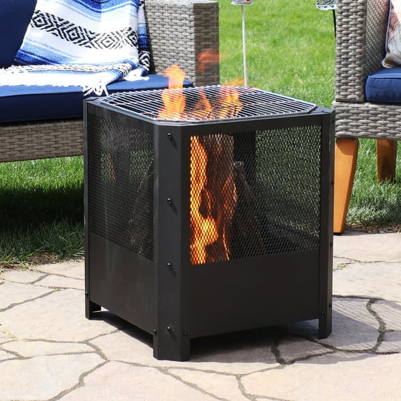 Sunnydaze Grelha 16" Square Wood-Burning Black Finish Steel Fire Pit with Grilling Grate