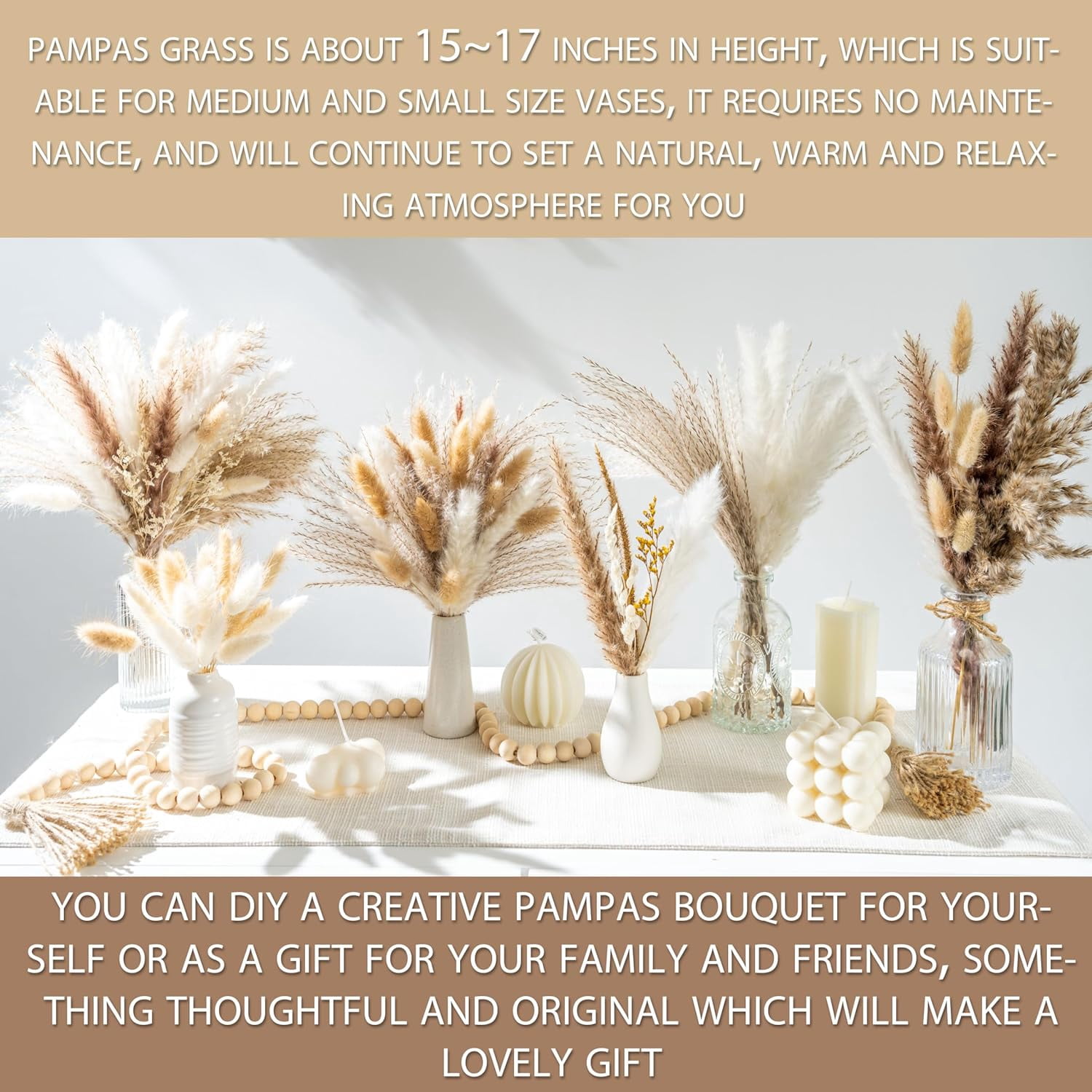150PCS Natural Dried Pampas Grass Bouquet, Phragmites Dried Flowers Boho Home Decor for Wedding Floral Arrangements & Living Room Decorations