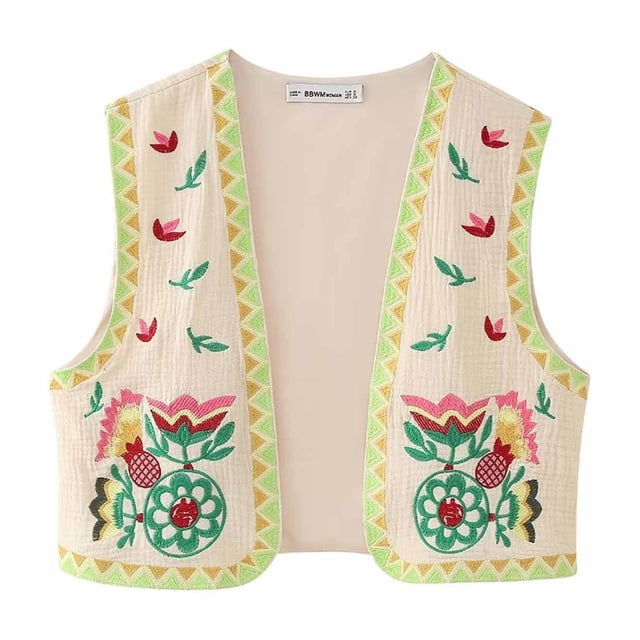 LOVZFMLL Vestes pour Femmes Vintage Gilet Brodé Lin Court Sans Manches Cardigans Floraux Mode Haut