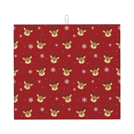 

Vsdgher Reindeer Faces Festive Red Print Dish Drying Mat Kitchen Counter Mat Dish Drying Pad for Dishes Utensils Pots and Pans 16 x 18