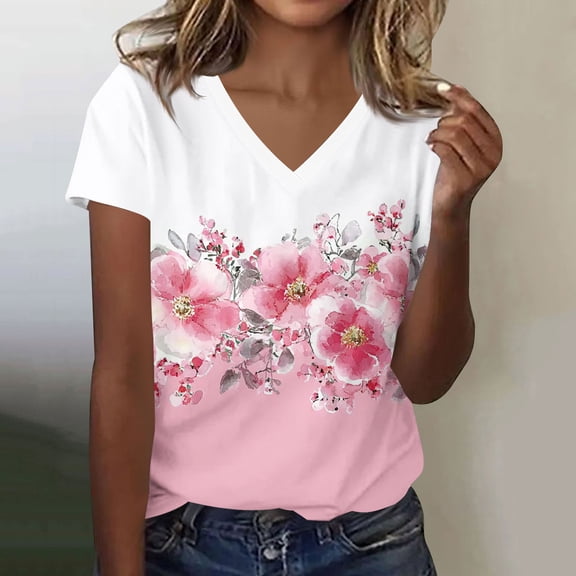 Jsaierl Tops for Women Short Sleeve Casual Elegant Shirts V Neck Flowy Ladies Blouses Boho Graphic T-shirts Top S-3XL