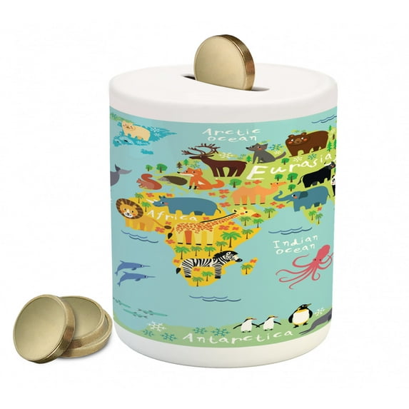 Wanderlust Piggy Bank, Animal Map of the World for Cartoon Mountains Forests, Ceramic Coin Bank Money Box for Cash Saving, 3.6" X 3.2", Pale Blue Yellow Green, by Ambesonne