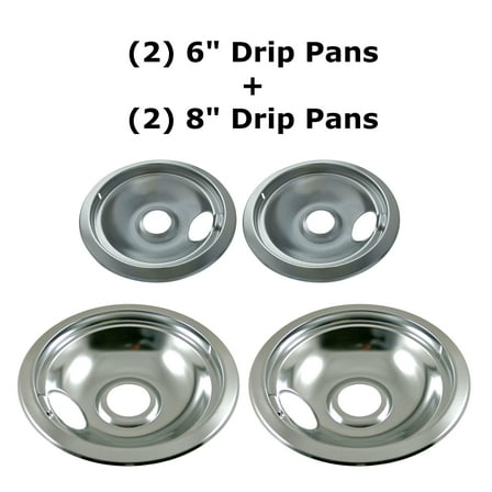 KITCHEN BASICS 101 316048413 & 316048414 Range Burner Chrome Drip Pans Replacement for Frigidaire Kenmore Electric Stove w/Locking Slots, 2 Small 6-Inch & 2 Large 8-Inch Pans, 4 Pack