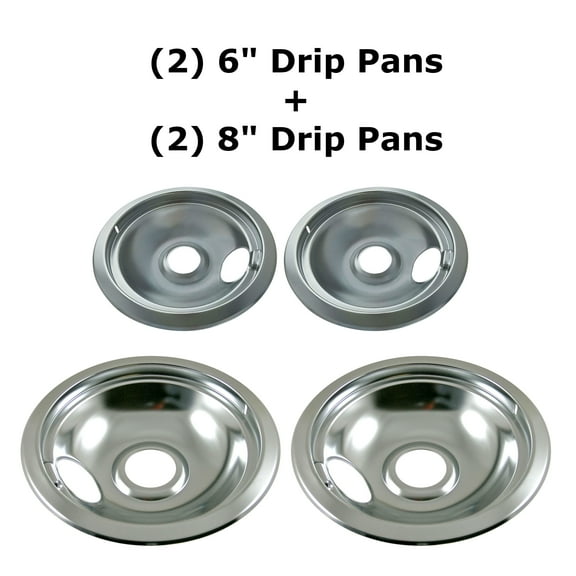 KITCHEN BASICS 101 316048413 & 316048414 Range Burner Chrome Drip Pans Replacement for Frigidaire Kenmore Electric Stove w/Locking Slots, 2 Small 6-Inch & 2 Large 8-Inch Pans, 4 Pack