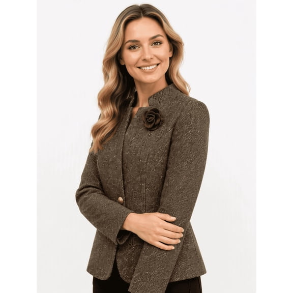 Tbfashion Women's Casual Blazer Long Sleeve Lapel Collar Button Front Jacket with Pockets and Brooch