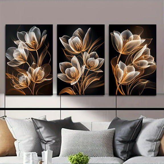 3-piece Set, Canvas Painting--Frameless, Black Brown Gold Flowers, Artist Painting Set, Living Room, Library, Office, Cafe, Bar, Abstract Art