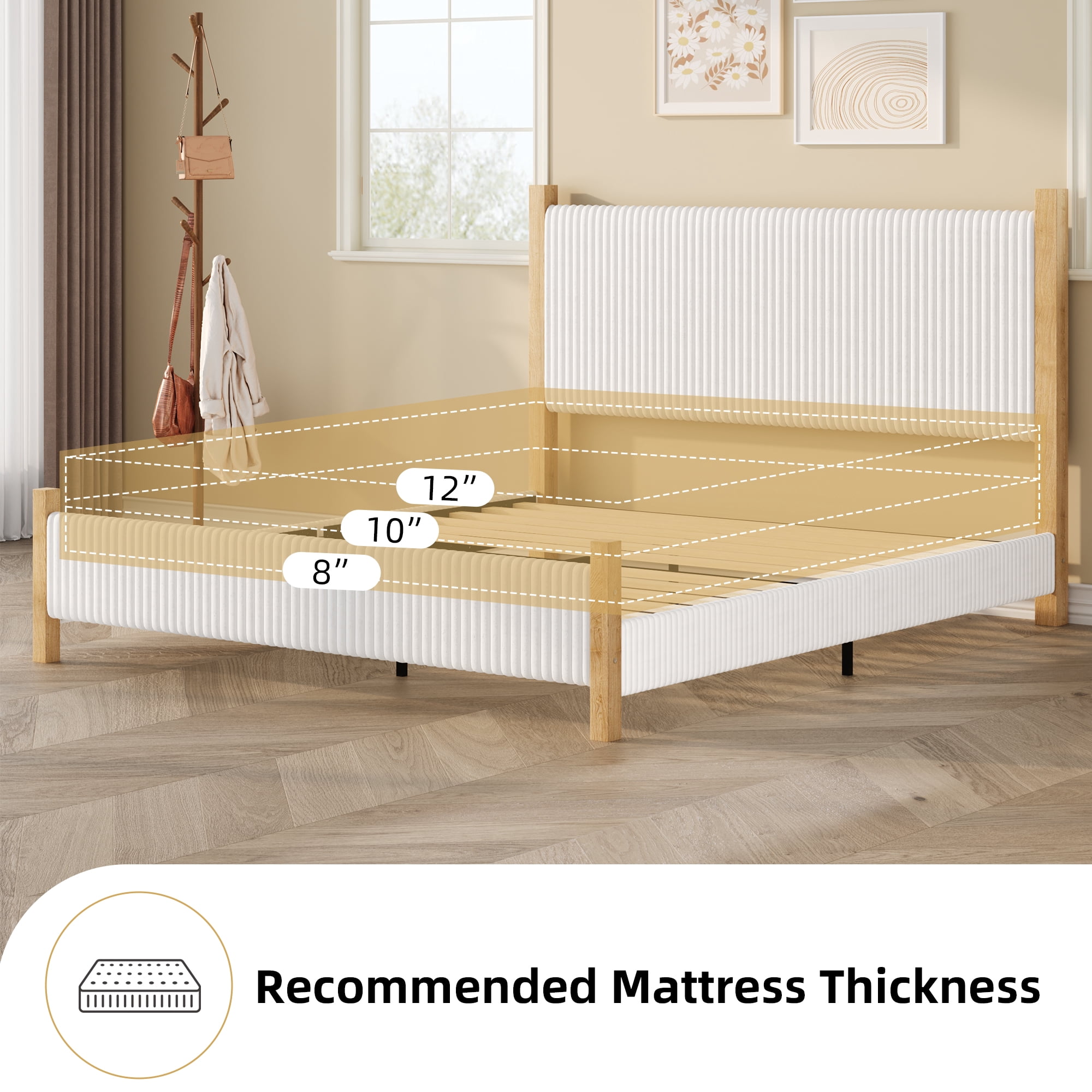 Queen Size Corduroy Upholstered Bed Frame with Vertical Channel Headboard, Noise-Free Platform Bed No Box Spring Needed, Sturdy Structure & Easy Assembly, White