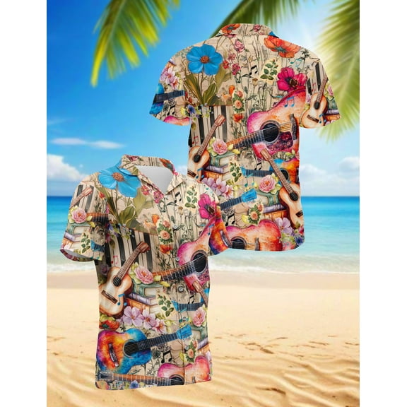Flower Ukulele Hawaiian Shirt for Men, Vintage Style, Button Down Summer Beach Short Sleeve, S-5XL