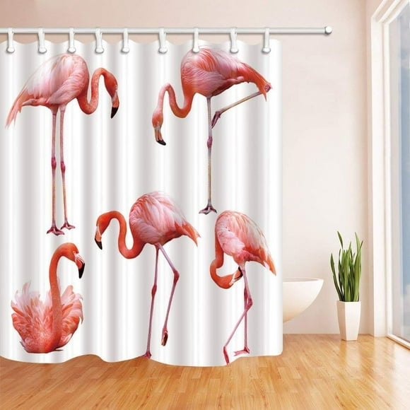 RYLABLUE Dancing Pink Flamingo in White Polyester Fabric Bath Curtain, Bathroom Shower Curtain 66x72 inches