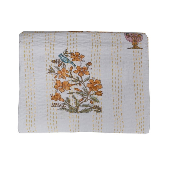 Vintage Queen Kantha Quilt Indian Hand Block Print Quilt Cotton Kantha Throw Kantha Blanket Handmade Quilt Double Size Kantha Bedspread Floral Print
