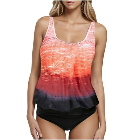 ZQGJB Tankini Swimsuits for Women Plus Size Tie Dye Gradient Color Printed Summer Swimwear Tummy Control Two Piece Bathing Suits with Boyshorts(Red XXXXL)