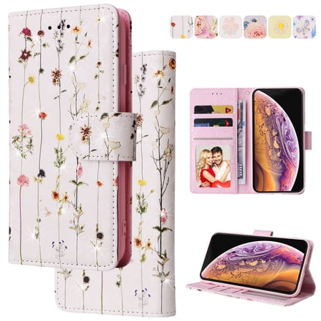 Wallet Case for iPhone XS Max with RFID Blocking Credit Card Slots Holder, Cute Patterned Gold Brushing Magnetic Flip Kickstand Wrist Strap Cover iPhone XS Max, Dry Flower World