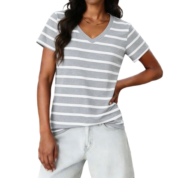 Guluxicc Womens T Shirts V Neck Short Sleeve Classic Stripe Print Casual Comfy T Shirts for Women Spring Summer