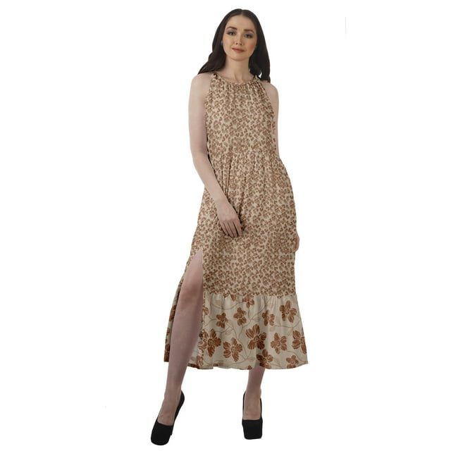 Moomaya Robe Longue Maxi de Fête pour Femmes en Rayonne Imprimée à Encolure Licou avec Fente avant