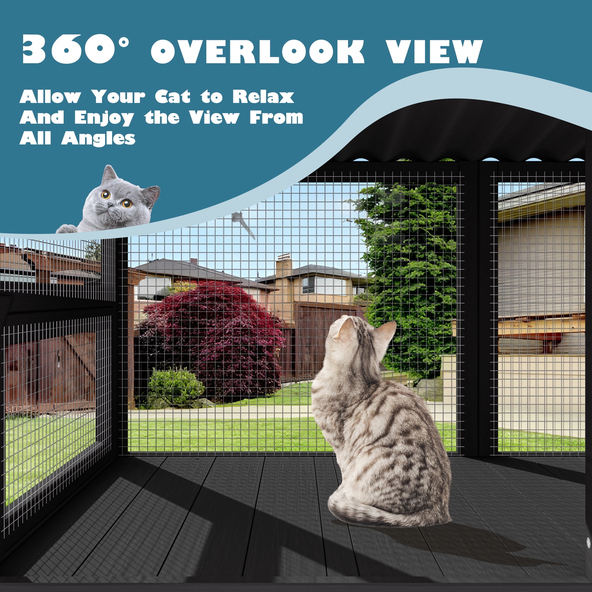 Haverchair Catio Cat Window Perch Outdoor, 360° Catio Cat Enclosure Window for Indoor Cat with Waterproof Roof, Cat Window Box with Metal Mesh Cat Door for Sunbathing, Napping, Overlook