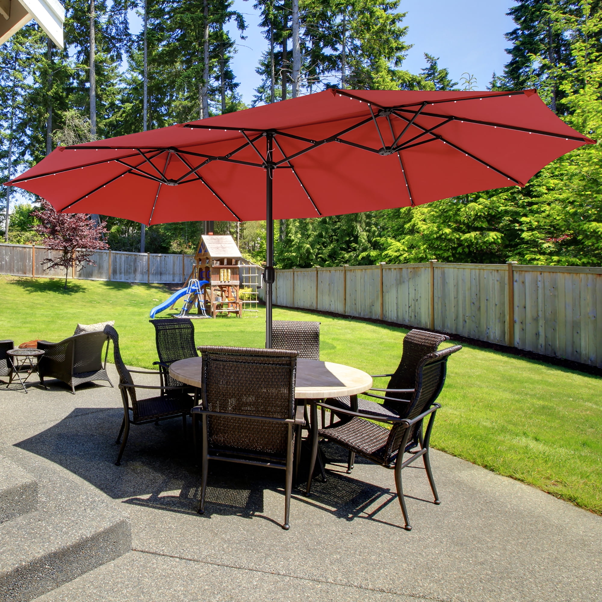 Gymax 15Ft Solar LED Patio Outdoor Double-Sided Umbrella w/ 48 Lights Crank Burgundy