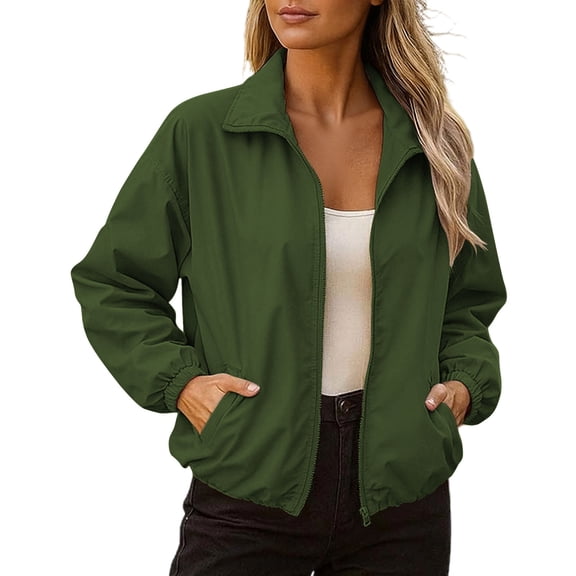 Hurxie Womens Windbreaker Crop Jackets Long Sleeve Zip Up Hidden Hooded Winter Bomber Jacket with Pockets Army Green,3XL