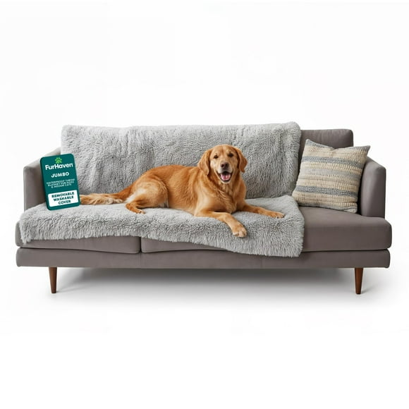 Furhaven XL Waterproof Calming Plush Long Faux Fur & Velvet Dog Blanket, Washable - Mist Gray, Extra Large