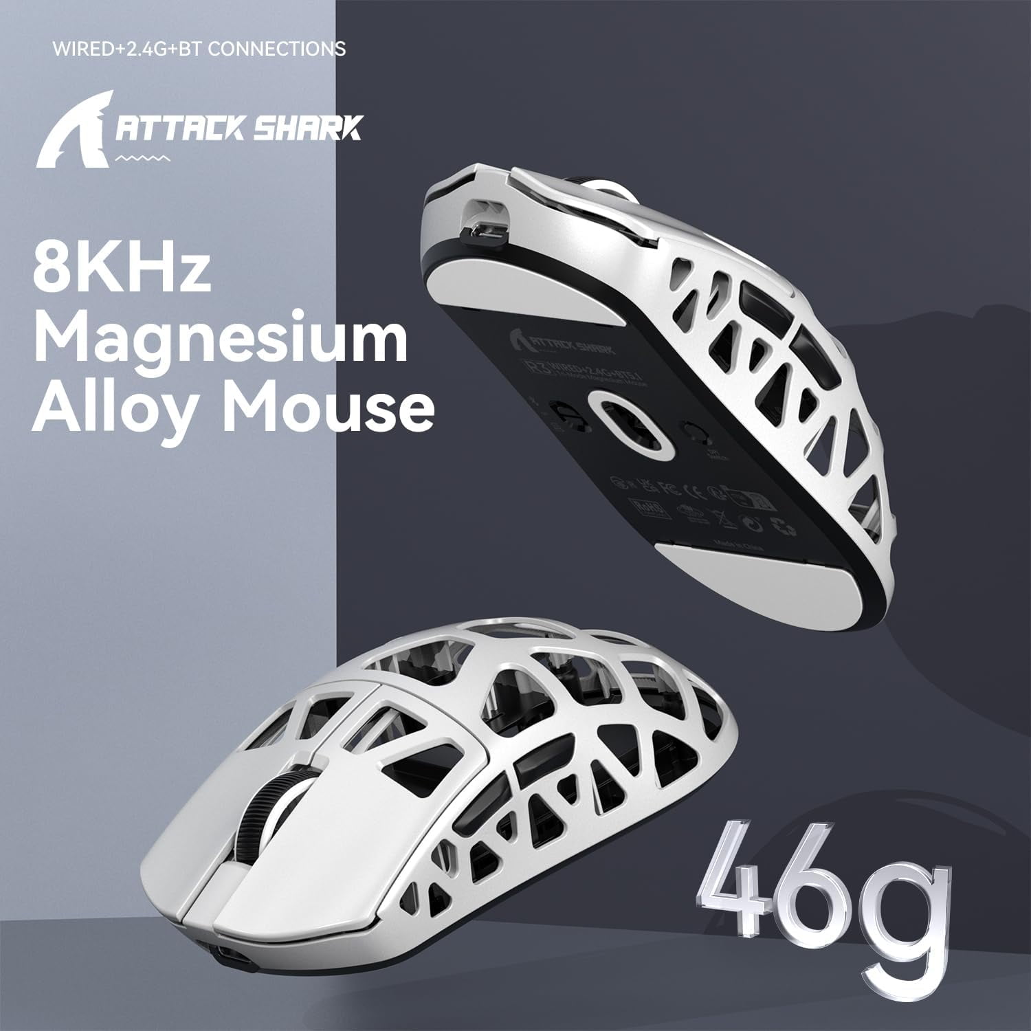 ATTACK SHARK R3 Wireless 8K Magnesium Alloy Mouse, 46g SUPERLIGHT Mouse, PixArt PAW3395 Gaming Sensor, BT/2.4G/Wired Gaming Mouse, Adjustable DPI 26000, Office Mice for Win11/Xbox/PS/Mac -White