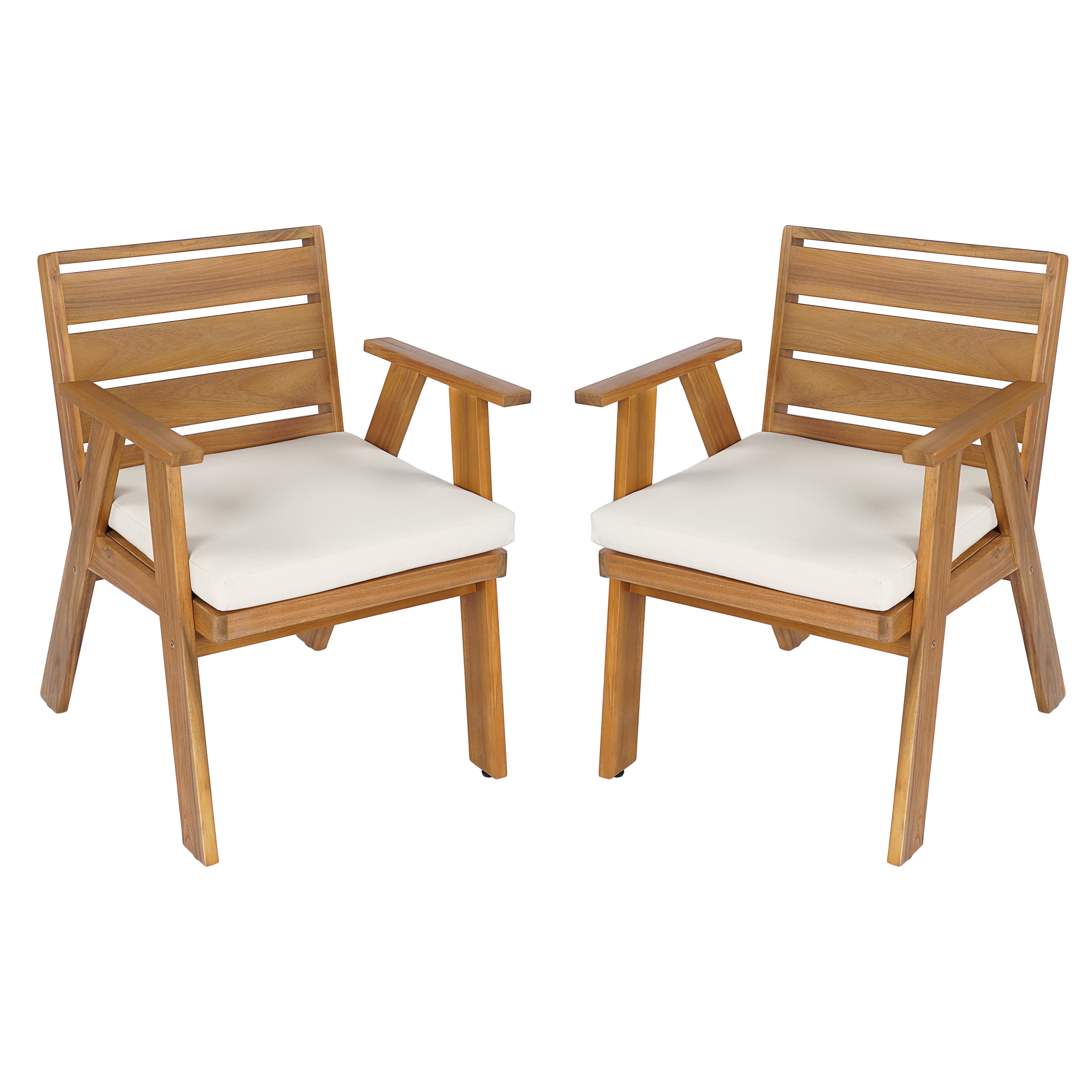 Set of 2 Outdoor Dining Chairs with Acacia Wood Frame and Beige Washable Cushions, Patio Chairs and Garden Seating for Backyard Poolside, Teak Finish