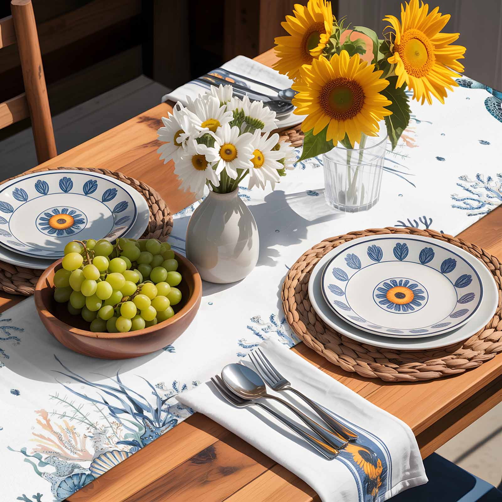 Sea Turtle Starfish Shell Seaweed Table Runner 90 Inches Long, Blue Ocean Marine Life Table Runners Tabletop Scarf Kitchen Dining Tables Decoration for Home Party Indoor Outdoor
